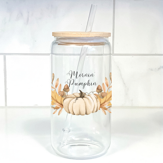 Morning pumpkin glass tumbler clear tumbler with bamboo lid and straw