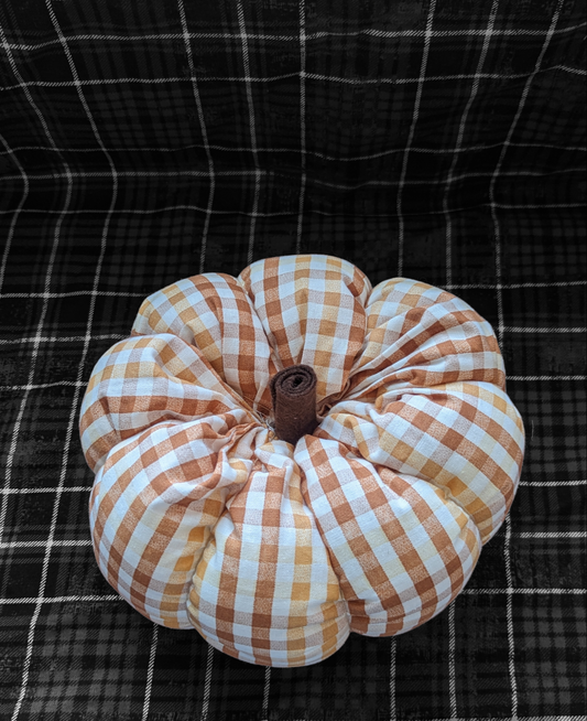 Large brown and white plaid fabric pumpkins