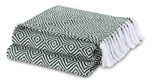 Handwoven Natural Cotton Throw Blanket- Green